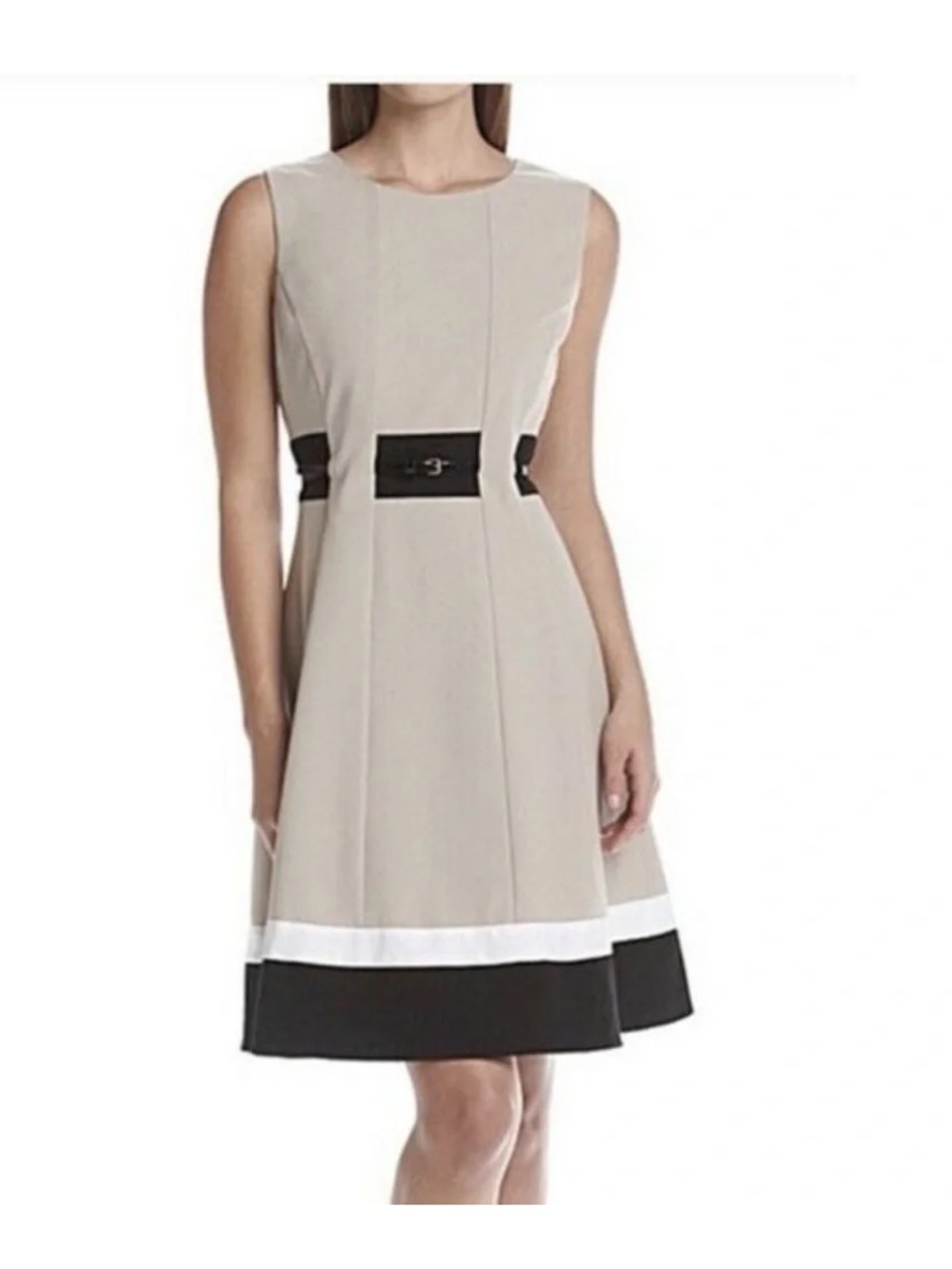 Calvin Klein Cream and Black A Line Midi Dress Size 8